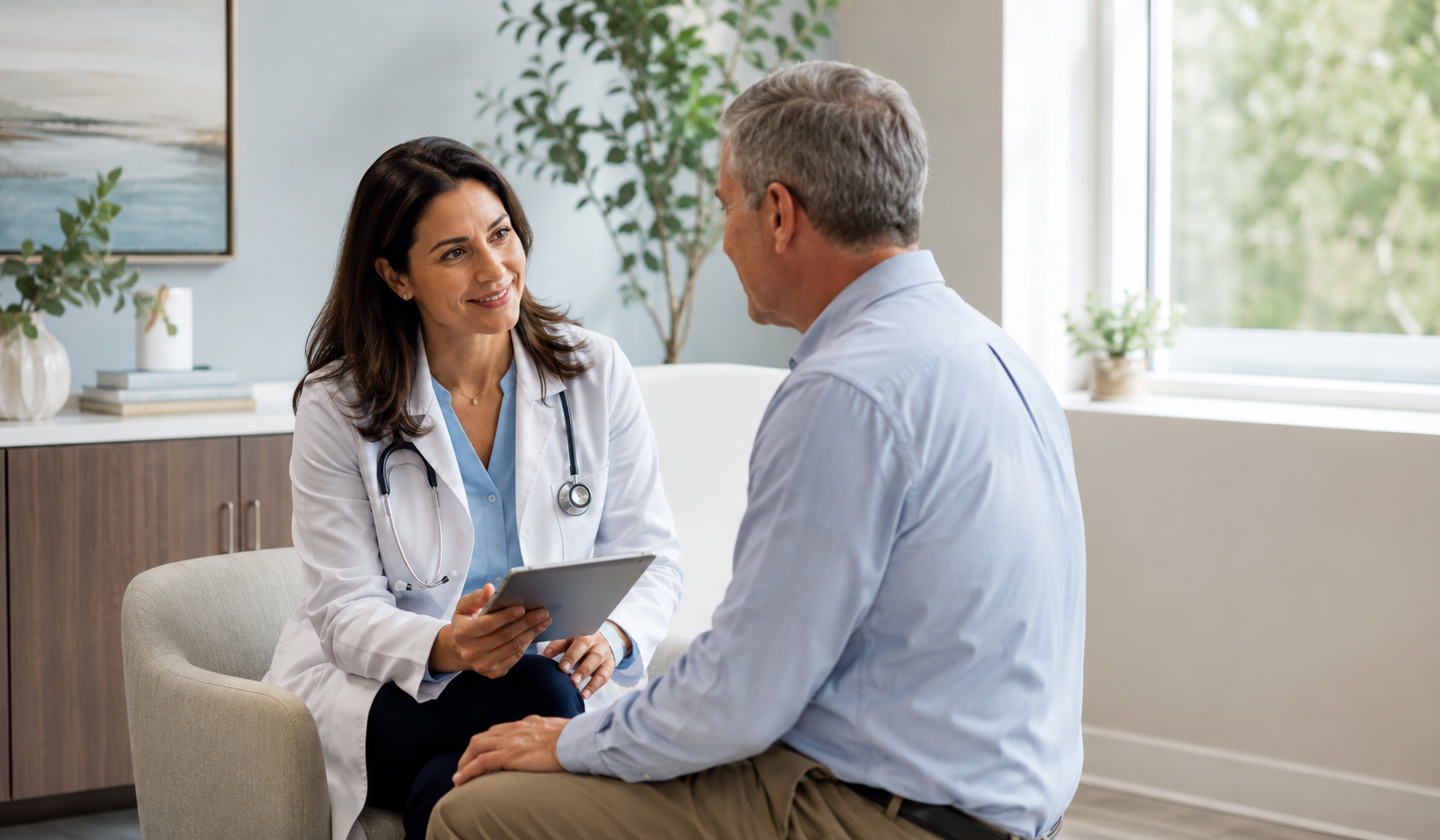 Doctor consulting with patient in a bright internal medicine office