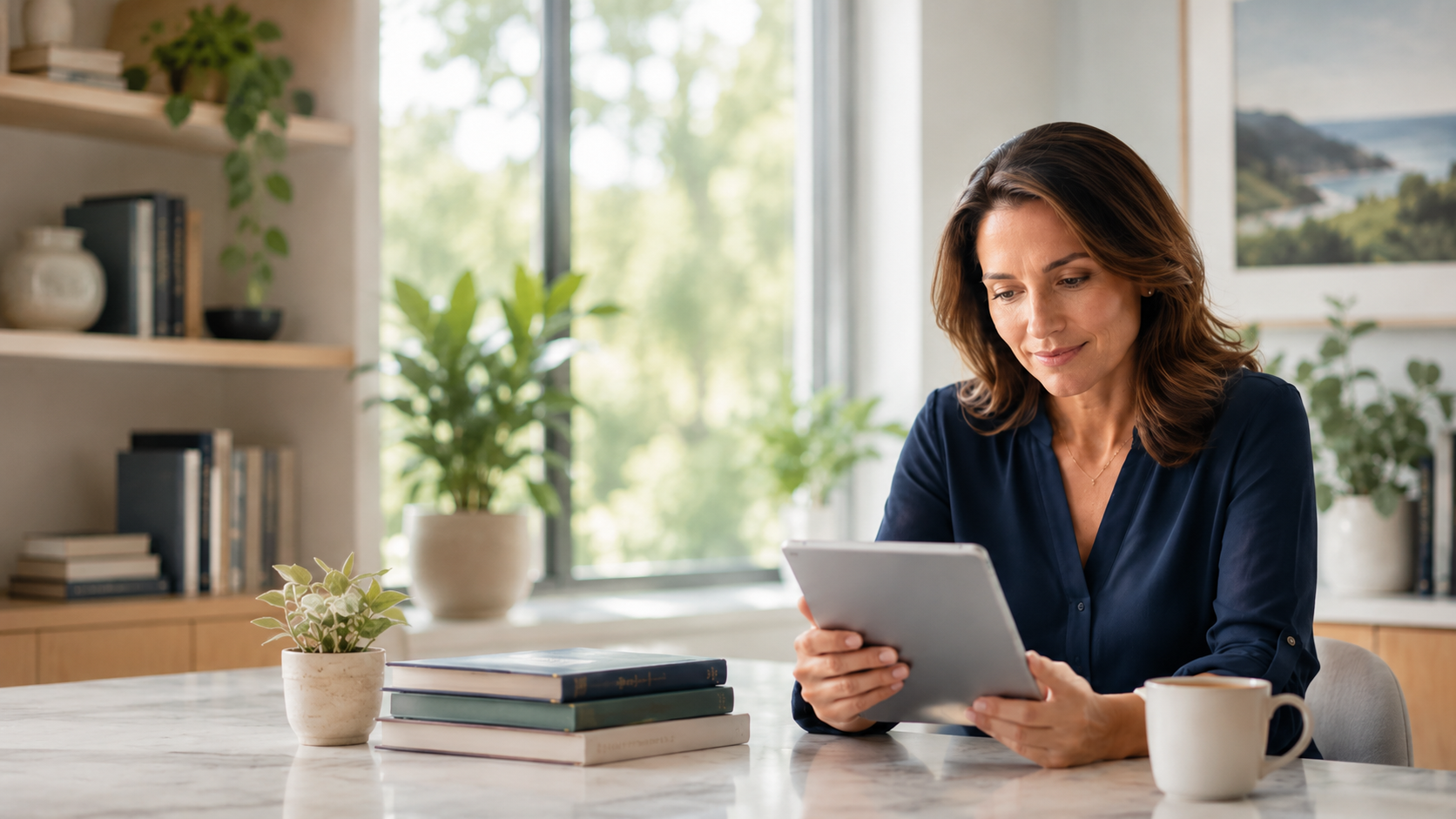 Patient reviewing health resources on a tablet in a serene workspace