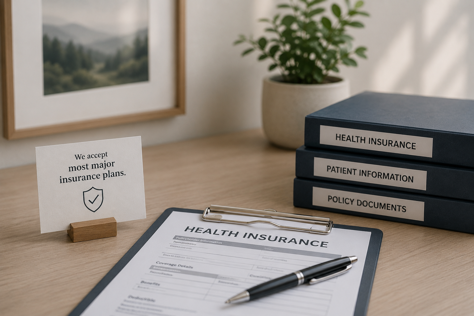 Organized health insurance documents and policy folders